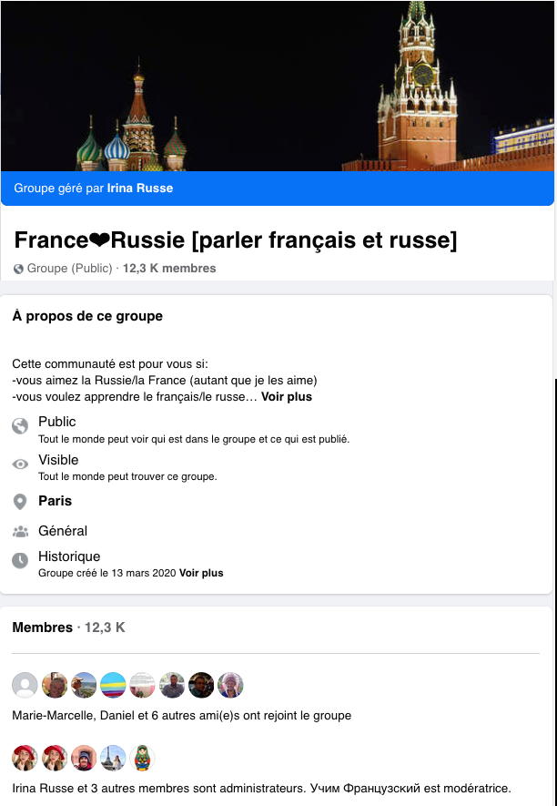 Groupe Facebook. France - Parler français et russe. 2020-03-13